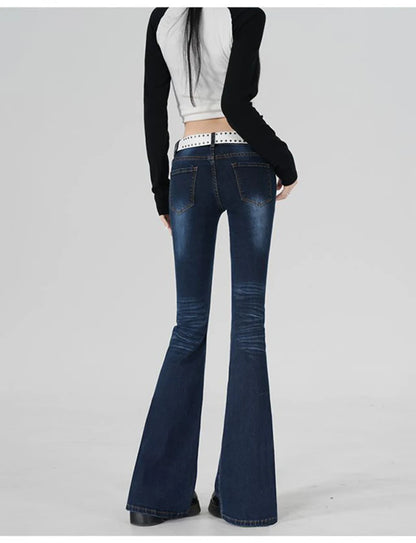 Stretch Flared Jeans Low Rised Pocket Denim Pants Women Y2K Casual Full-length Dark Blue Jeans Vintage 90S Jeans Female Trousers