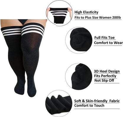 TRALOW  Plus Size Thigh High Socks Extra Large Stripe Over Knee High Stockings for Women Comfortable and Warm For Cosplay Yoga
