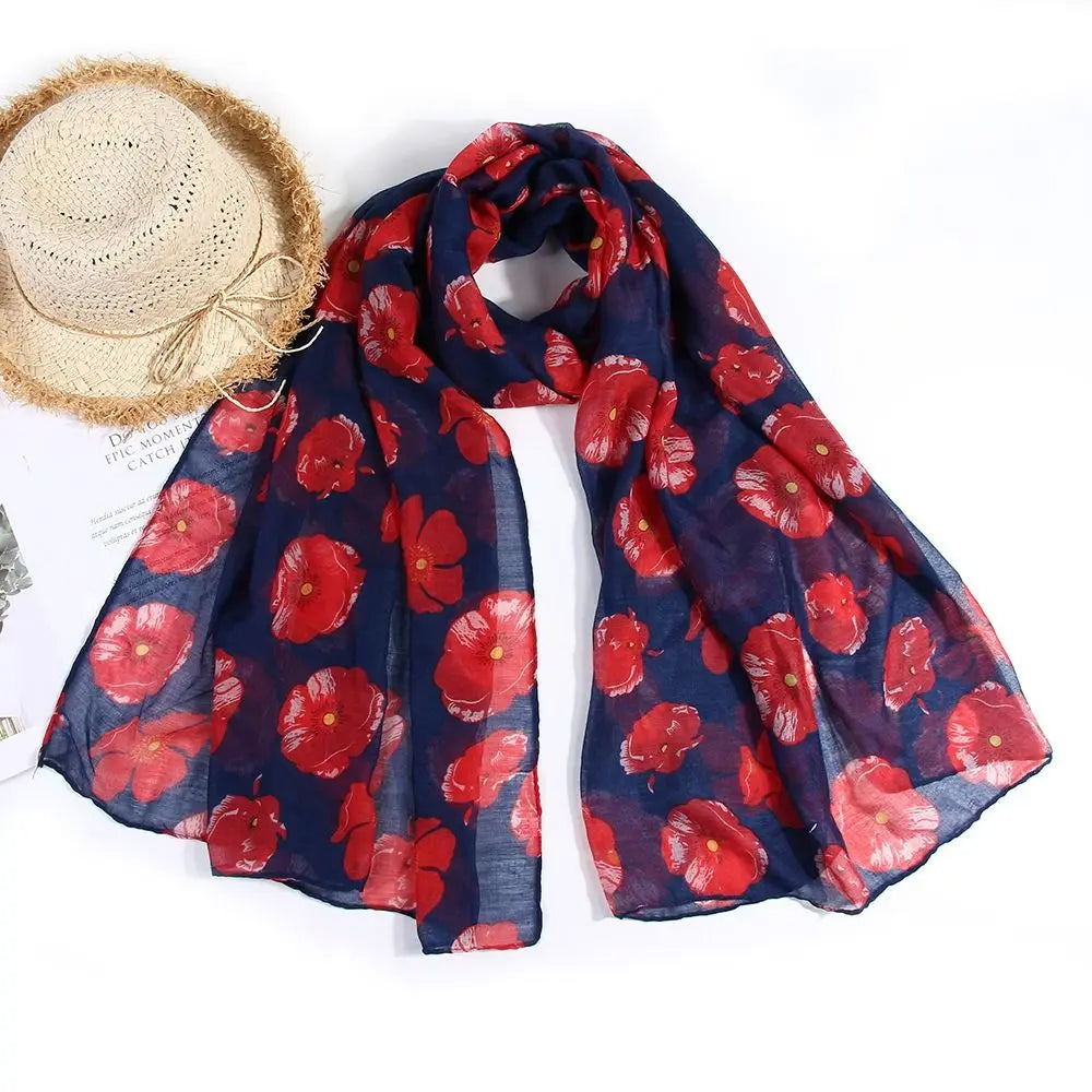 Colorful Poppy Print Scarf 180*90cm Smooth Poppy Floral Shawl Breathable Cotton Voile Poppies Floral Wrap for Women Ladies