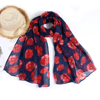 Colorful Poppy Print Scarf 180*90cm Smooth Poppy Floral Shawl Breathable Cotton Voile Poppies Floral Wrap for Women Ladies
