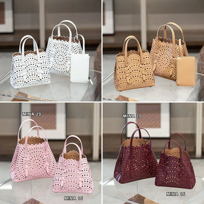 New Tote Bag French Cowhide Handmade Bag Niche Laser Engraved Hollow Leather Vegetable Basket Bag Casual Versatile Temperament