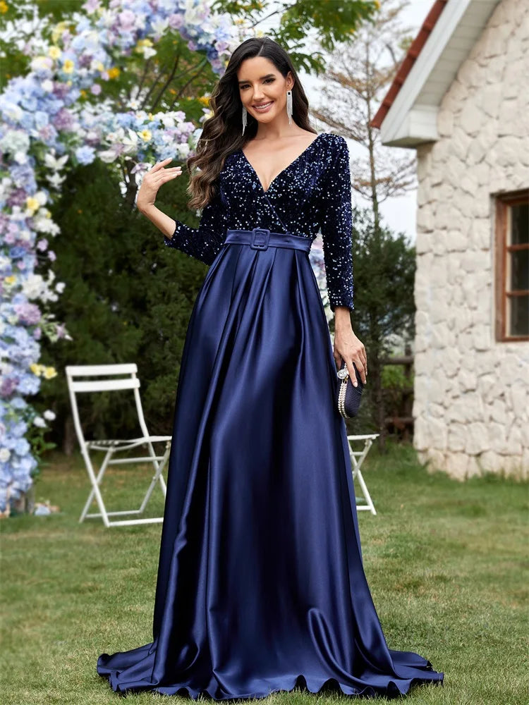 Lucyinlove Luxury Long Sleeve V-Neck Satin Formal Evening Dresses 2025 Elegant Wedding Party Sequins Women Prom Cocktail Gowns