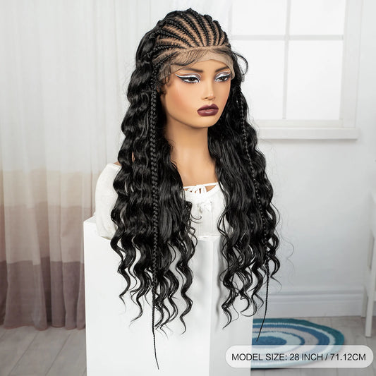 28inch 13x6 Transparent Lace Front Natural Deep Wave Hair Wigs with Cornrow Braids Synthetic Curly Brazilian Hair Wig for Women