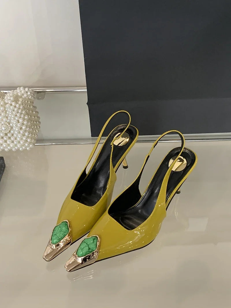 Fashion Design Inlay Gems Pointed Toe Patent Leather Sexy Slingback Sandals Women Pumps High Heels Wedding Banquet Shoes