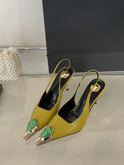 Fashion Design Inlay Gems Pointed Toe Patent Leather Sexy Slingback Sandals Women Pumps High Heels Wedding Banquet Shoes