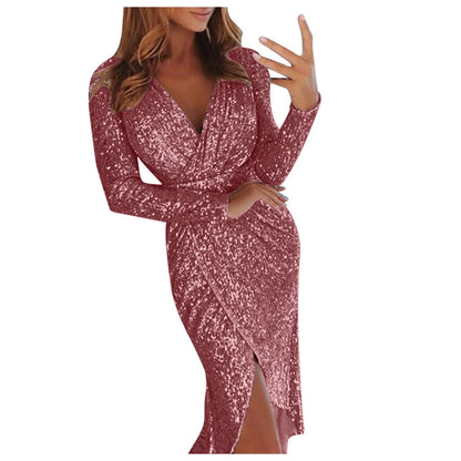 2024 Autumn Winter Gold Sliver Pink Sequined Party Dress Women Front Split Bodycon Party Vestidos Bling Clubwear Dress Vestidos