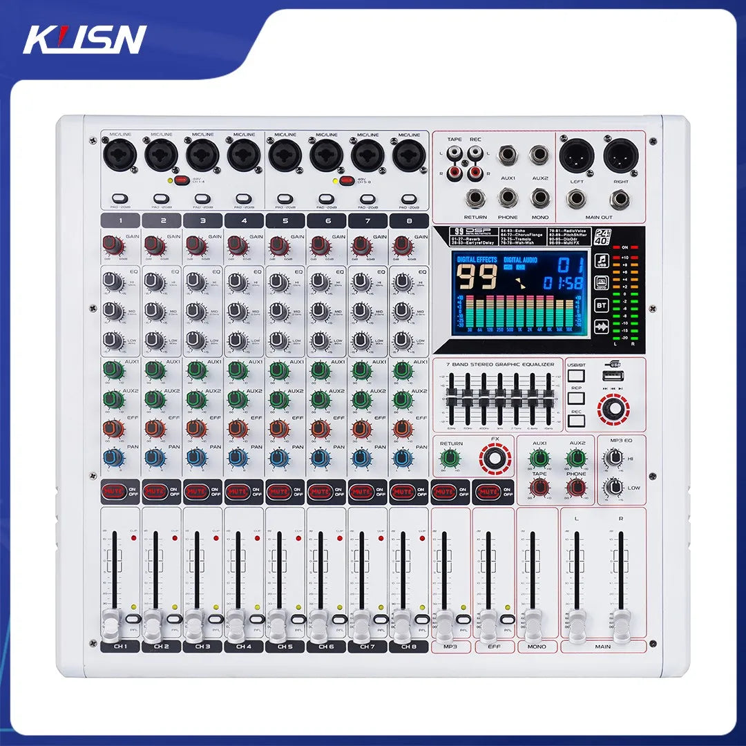 8 Channel 99 DSP Professional Audio Mixer Sound Mixing Console Soundcraft Sound Mixer with Bluetooth USB
