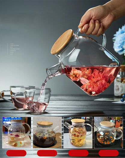 1/1.8L Transparent Glass Teapot with Bamboo Lid Heat-Resistant Glass Pitcher Thickened Glass Flower Tea pot Puer Kettle Office