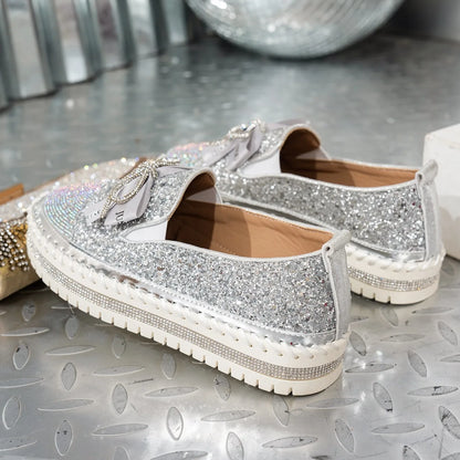Women Sneakers 2025 New Luxury Crystals Bowknot Loafers Sequined Flat Platform Shoes Couple Fashion Plus Size Sneakers Women