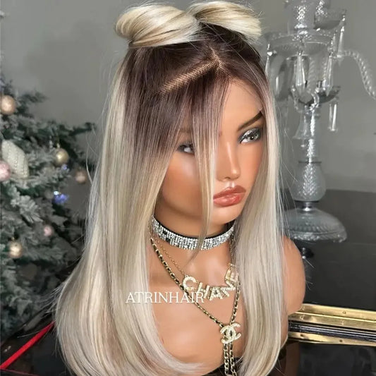 Soft Hair13x4 Straight Synthetic Lace Front Wig for Women Ombre Platinum Blonde Ash Roots Glueless Heat Resistant Fiber Hair Wig