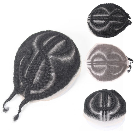 Glueless European Virgin Hair Toupee #1B Black - 8x10 Full Lace System w/Afro Corn Braids for Men