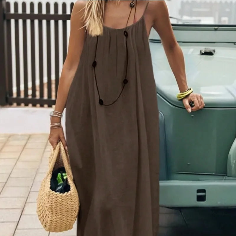 2026 Loose-Fit Spaghetti Strap Clean Fit Women's Casual Homewear Summer Solid-Color Vacation Cool Homewear Slow Fashion Dresses