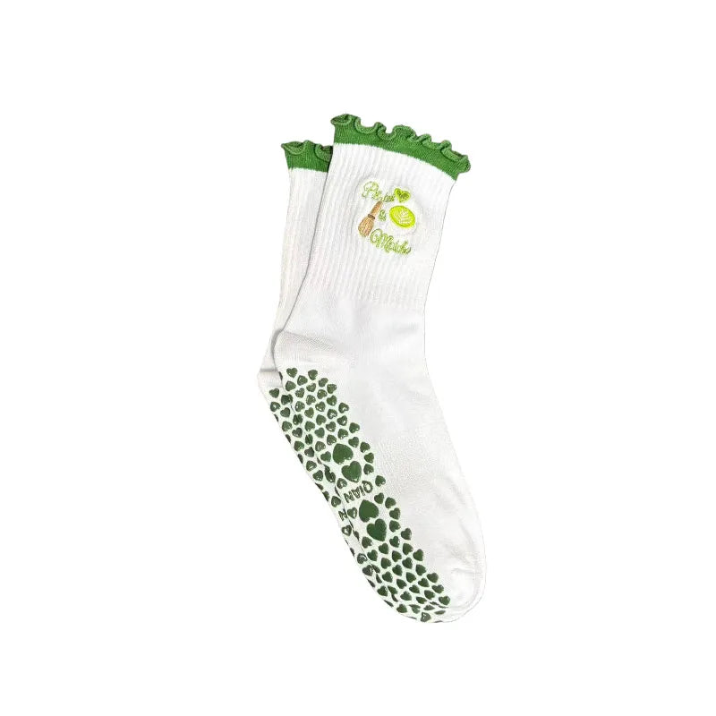 European sizes 36-43, 1 Pair of Heart-Shaped Lace Embroidered Yoga Socks, Mid-Calf Length, for Women