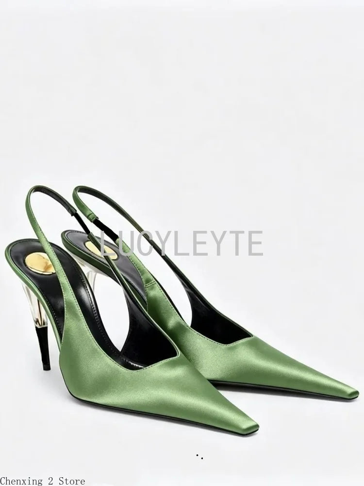 Women Satin Pointed‑Toe Stiletto Pumps with Clear Heel, Elegant Back Strap Dress Heels for Formal Dating Club Occasions