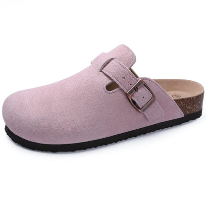 Crestar Women's Suede Clogs Lady Fashion Buckle Leather Mules Comfort Cork Footbed Potato Shoes with Arch Support Beach Sandal