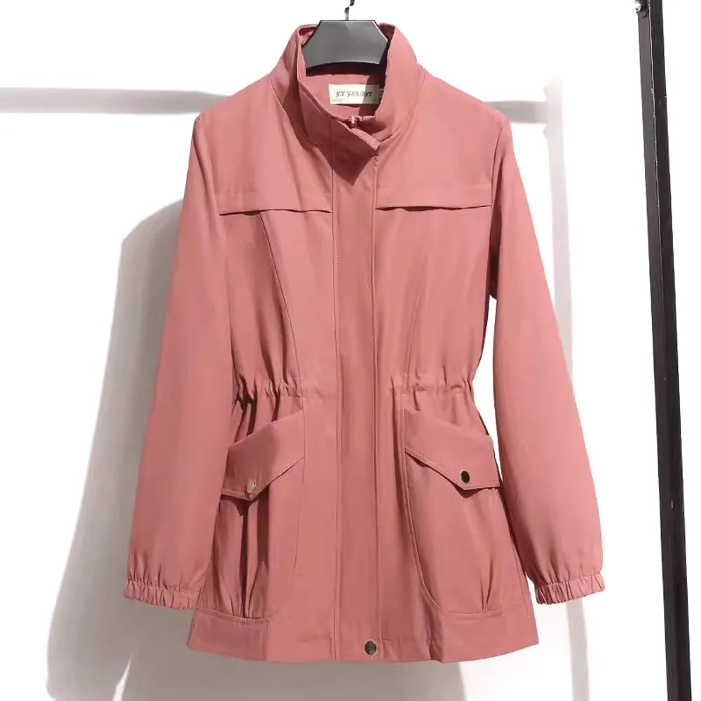 HI-FASHION Women Double Layer Windbreaker Autumn Casual Slim Coat Fashion Plus Size 4Xl Stand-Up Collar Ladies Jacket