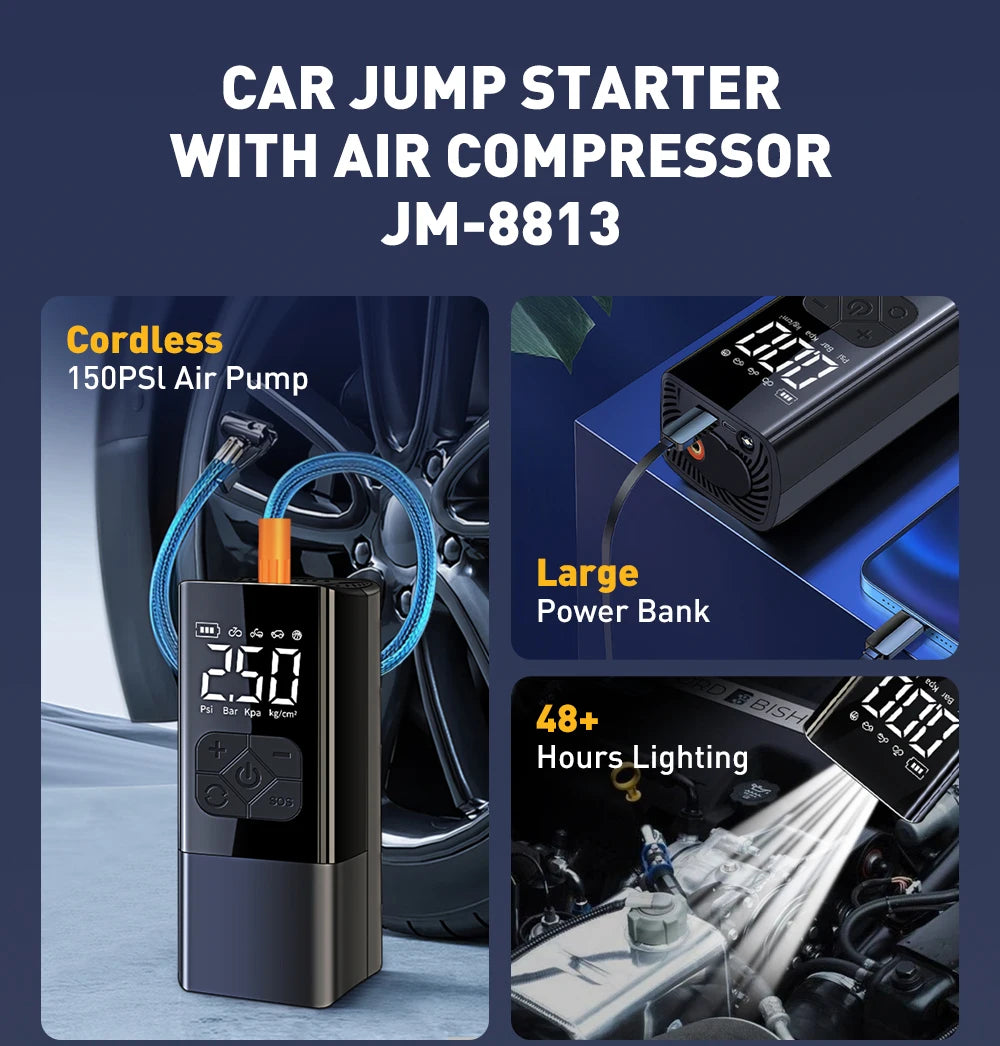 2500A Professional Car Starter Car Booster with 150PSI Air Compressor Power Bank Portable Charger for Car Battery Jump Starter
