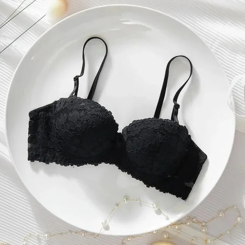Thickened Underwear Women's Small Breasts Gather Together with Steel Rings Shaped Upper Support A Cup Flat Bra Double Bralette