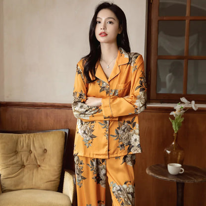 2026 New Ice Silk Thin Casual Women Pajamas Long Sleeve Set Women's Homewear