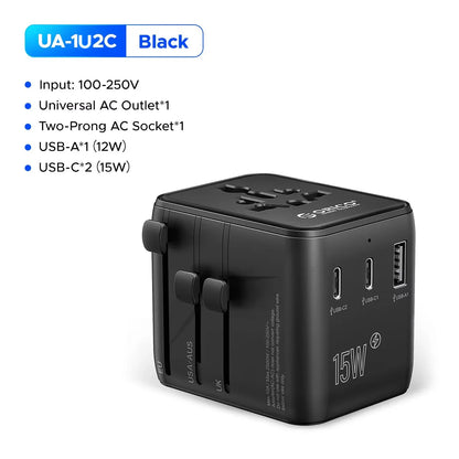 ORICO Universal Travel Adapter Worldwide All-in-One 20W GaN with AC Outlet USB A Type C Dual 10A Fuses Fast Charging EU US UK AU