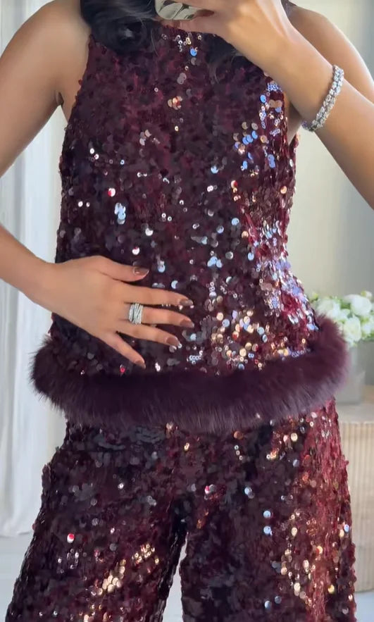 Chic Sequin Sleeveless Top Pants Set Women Faux Fur Patchwork Tops High Waist Straight Trousers Sets Lady Party Street Outfits