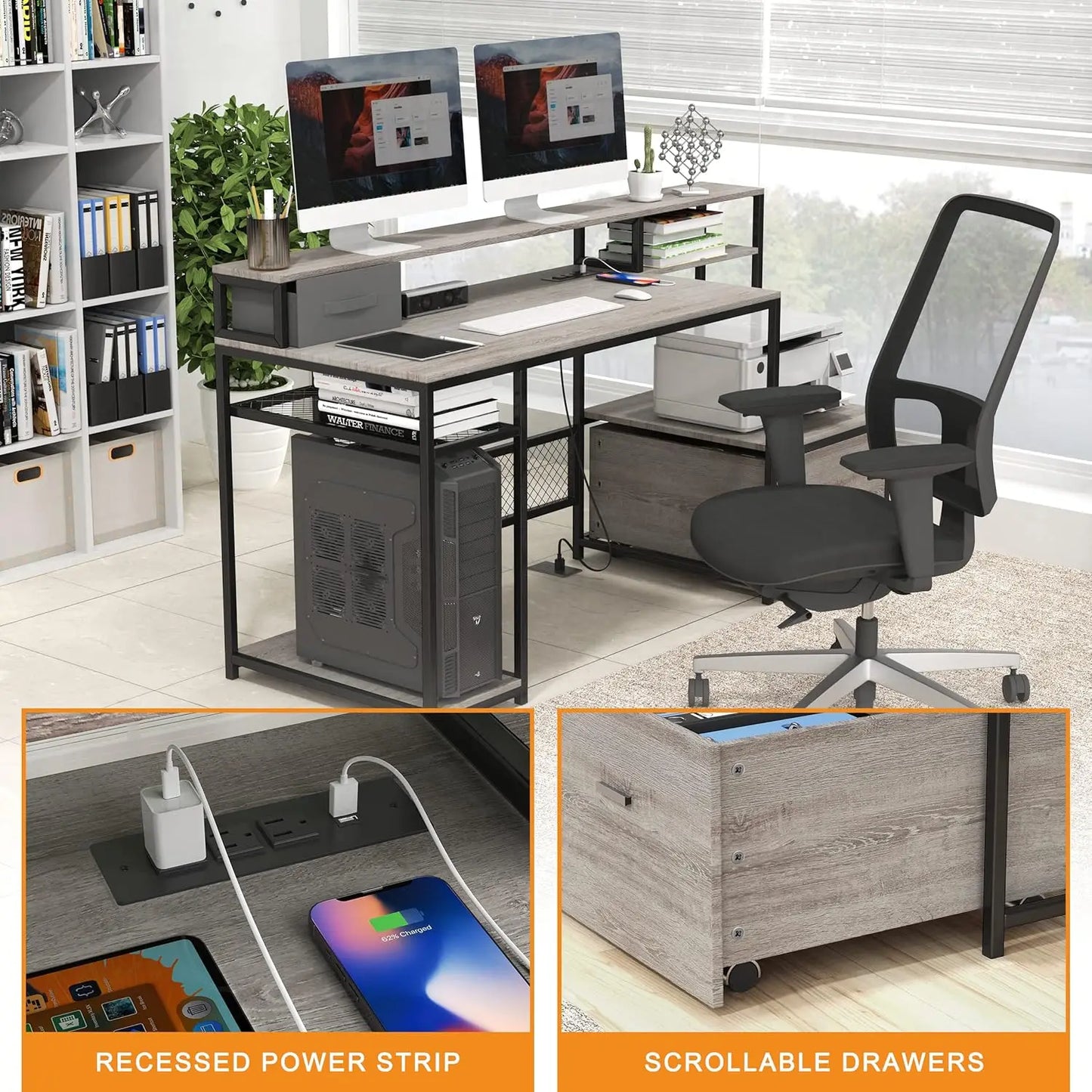 Home Office Desks with Drawers, 66'' Computer Desk with Storage, Office Desk with Monitor Stand, Work Desk with, Customized