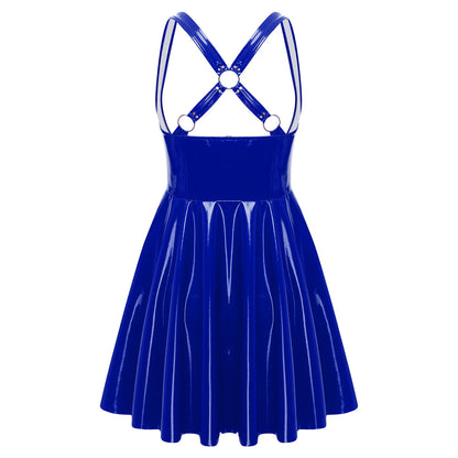 Gothic Punk Women Wet Look Latex Leather Dress Sleeveless Front Cut Out Cups Bodycons Dress Sexy Raves Party Nightclub Clubwear
