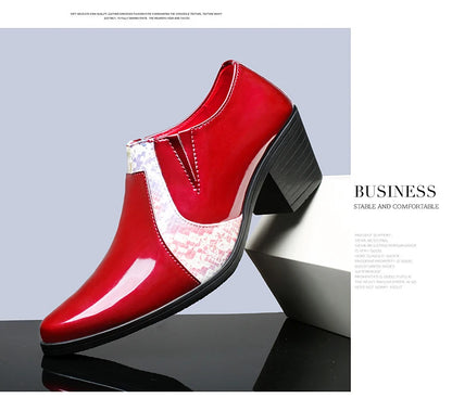 Black Pu Leather Business Dress High Heel Men's Shoes Pointed Toe Slip-on Elegant Party Wedding Shoes Thick Bottom Plus Size