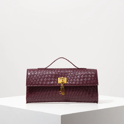 Vintage Faux Leather Woven Baguette Bag, Flap Women's Clutch, Elegant Evening Bag, Burgundy Wallet, Women's Dress Party, Wedding Accessory (Random Pattern)
