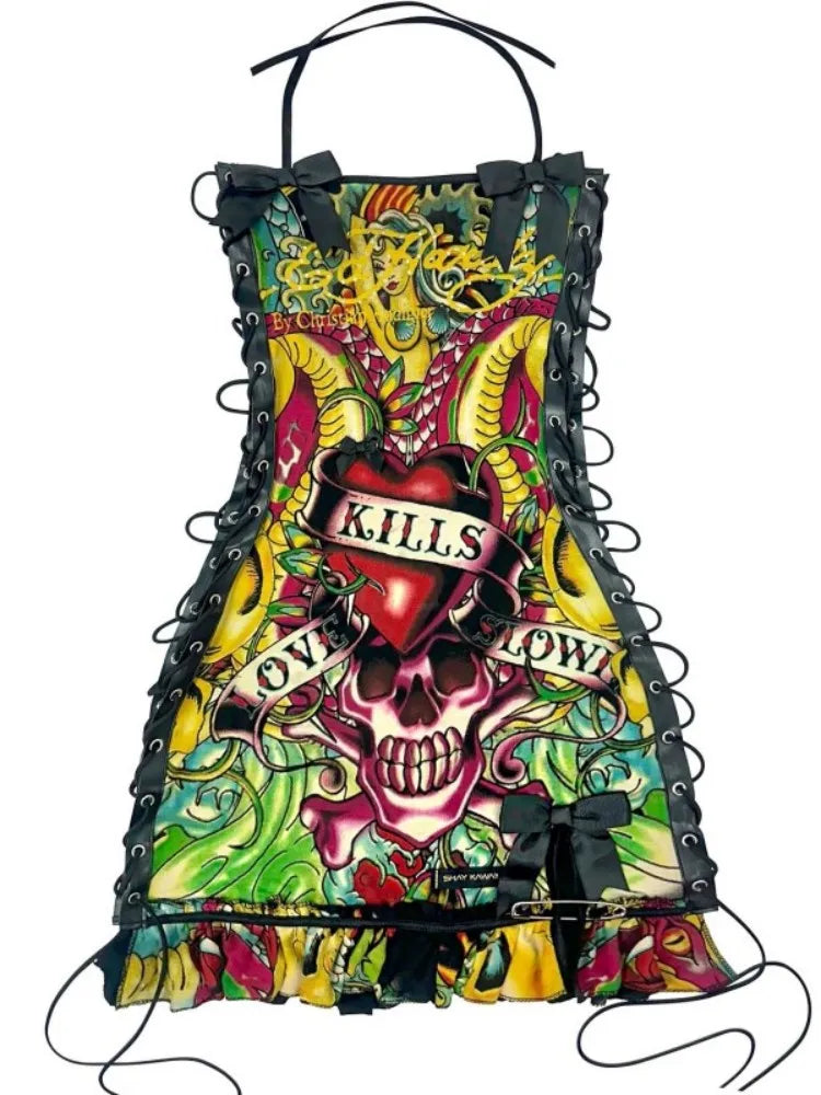 Joskaa Halter Printed Y2k Line Up Wacky Contrast Dress Women Gothic Party Sexy Hollow Bandage Halloween Makeup Dresses Outwear