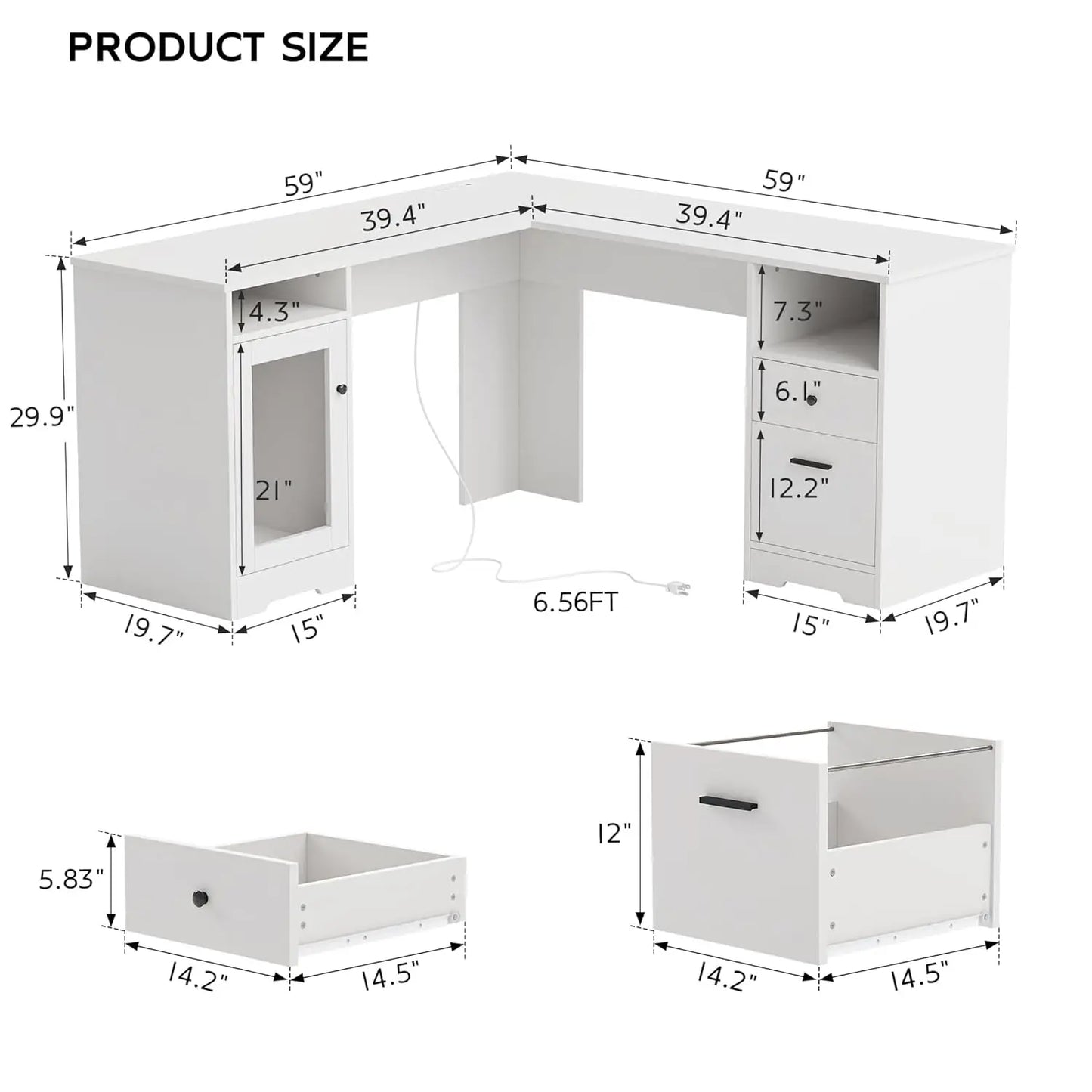 L Shaped Desk with File Cabinet, Corner Computer Desk with Storage Drawers, Large Home Office Table with Power, Customized