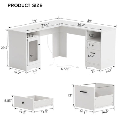 L Shaped Desk with File Cabinet, Corner Computer Desk with Storage Drawers, Large Home Office Table with Power, Customized