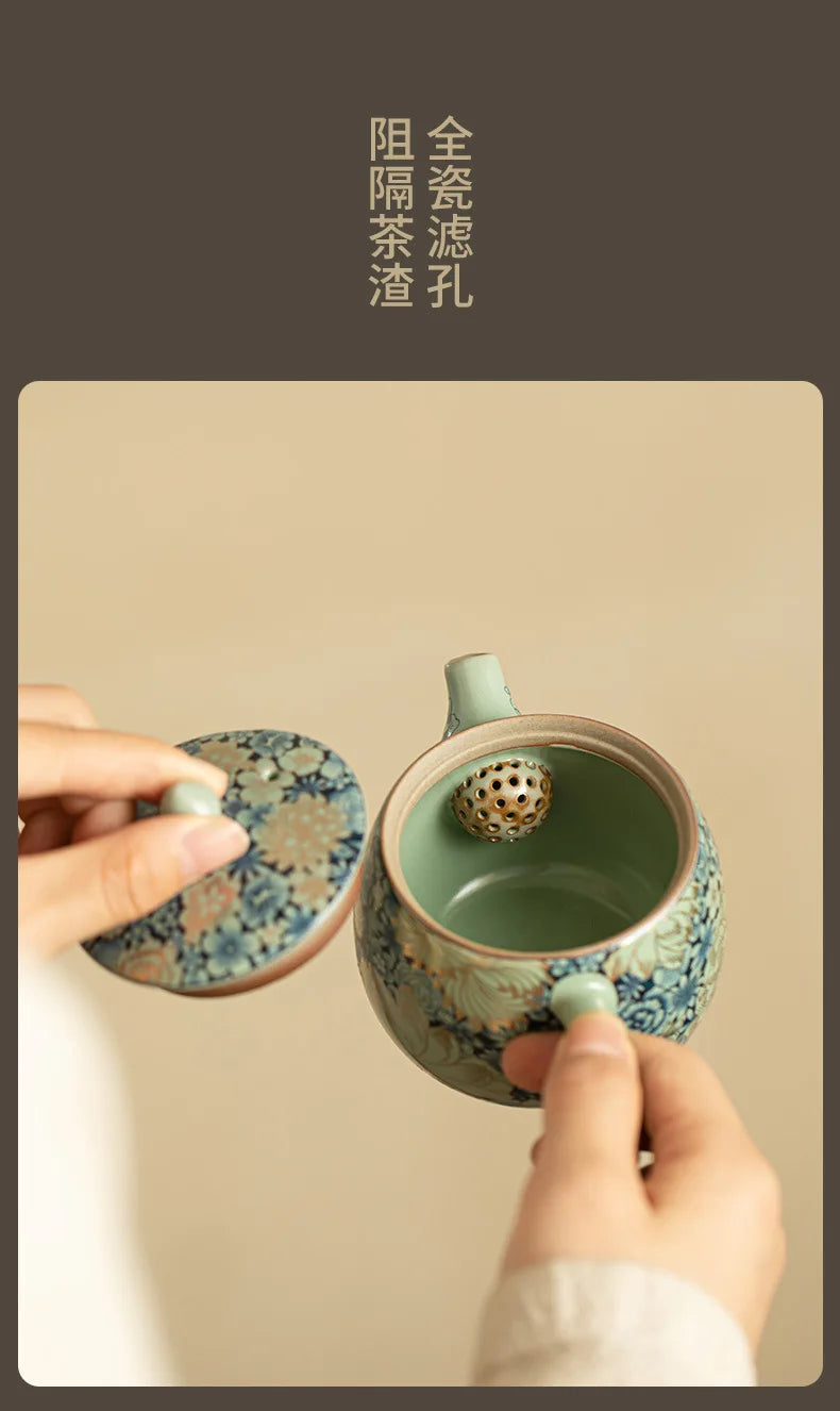 Ru Kiln Ceramic Teapot Gilded Peony Western Han Tile Pot Kung Fu Tea Set Household Tea Pot