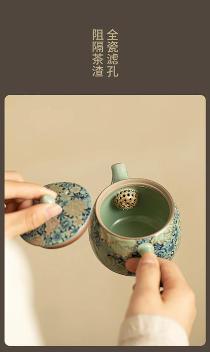 Ru Kiln Ceramic Teapot Gilded Peony Western Han Tile Pot Kung Fu Tea Set Household Tea Pot
