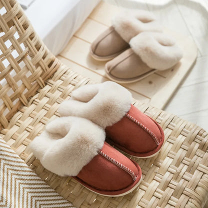 2025 Winter Warm Home Fur Slippers Women Luxury Faux Suede Plush Couple Cotton Shoes Indoor Bedroom Flat Heels Fluffy Slippers