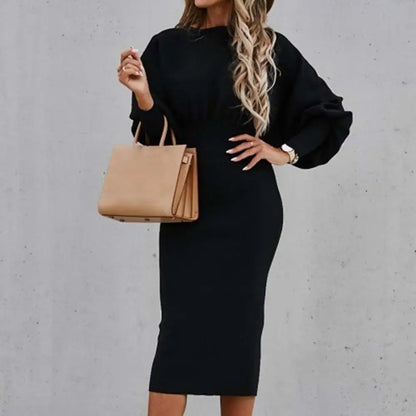 Women Autumn Dress Crew Neck Elegant Lantern Sleeve High Waist Women Bodycorn Dress Autumn Winter Office Ladies Midi Dress