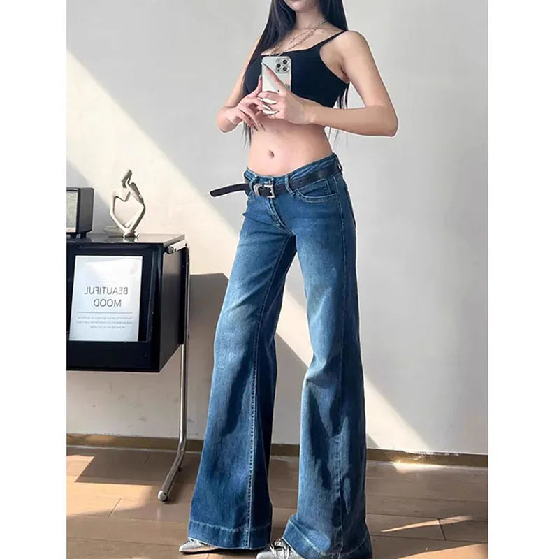 2025 New High Waist Flared Jeans Female Y2K Vintage Slim Stretchy Denim Pants for Women Aesthetic Streetwear Wide Leg Trousers