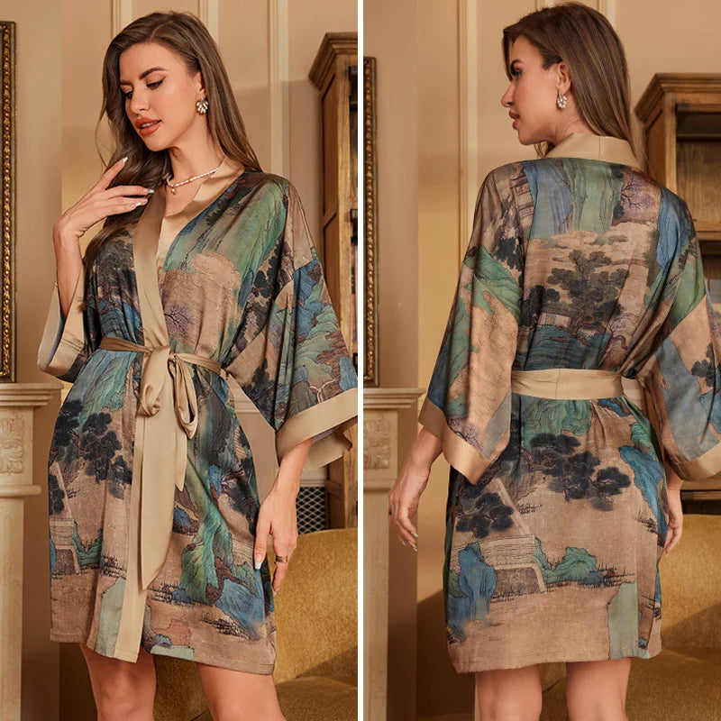 Navy Blue Print Flower Robe Nightgown Silk Satin Female Sleepwear Nightdress Spring Summer Loose Kimono Bathrobe Gown Home Wear
