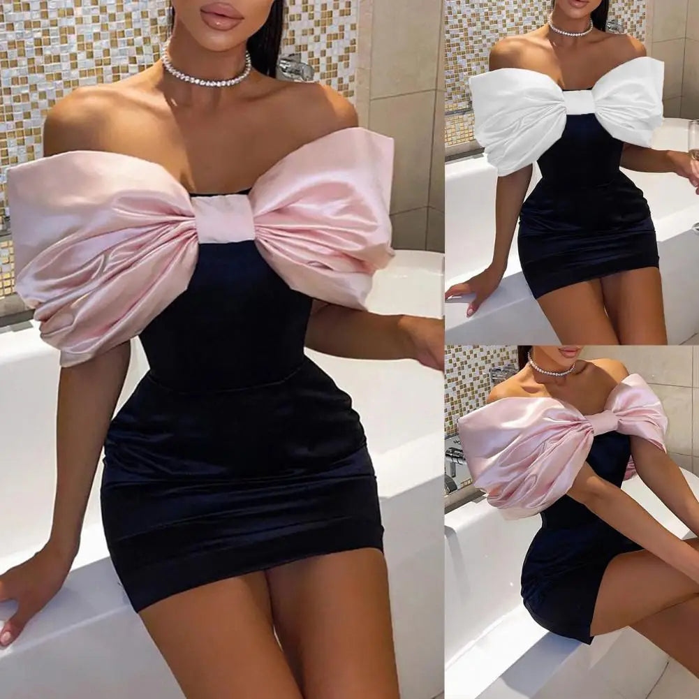 Simple  Sexy Chest Wrap Design Bodycon Dress Above Knee Length Mini Dress Short Sleeve   for Going Out