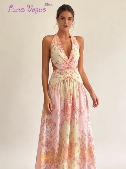 Vintage Floral Halter Deep V Neck Women's Dress Sexy Side Waist Cutout Flowy Long Sundress Summer New Chic Vacation Party Outfit