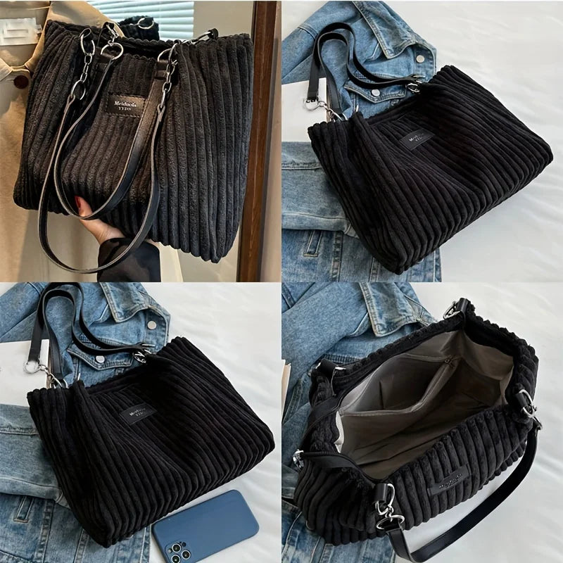 Large Capacity Corduroy Tote Bag Chain Handbag Shoulder Bag for Women, Polyester Lining, Zip Closure, Black, Beige, Khaki, Green