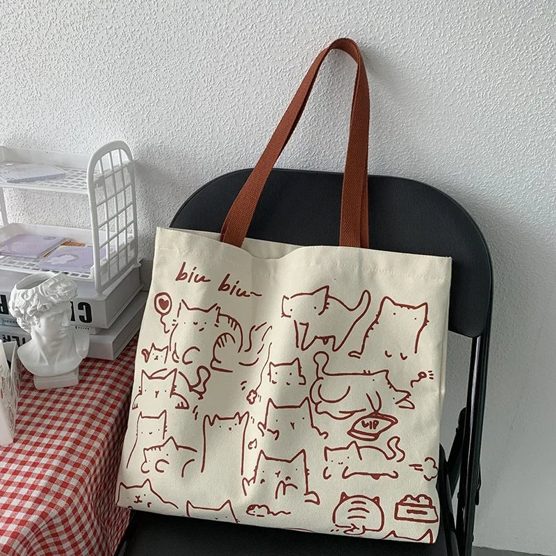 Canvas Bags Handbag for Women Shopper Cute Cat Tote Bag with Zipper Designer Bag Japanese Style Cartoon Small Shoulder Bags