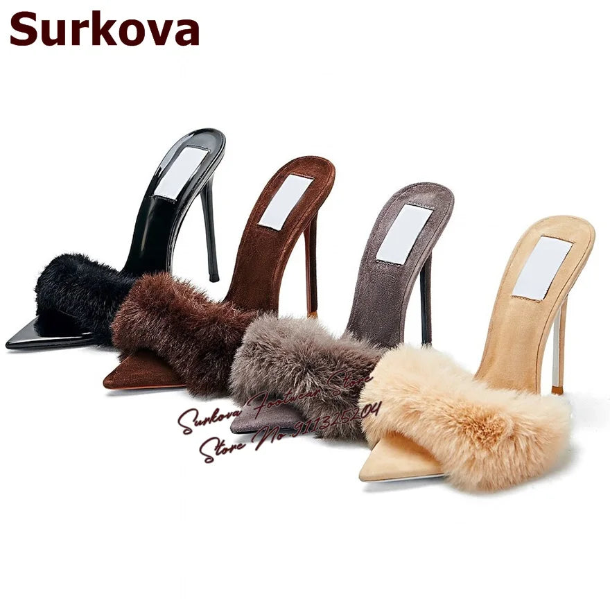 Surkova Sky Blue Black Luxury Fur Embellished Sandals Suede Thin High Heel Slippers Steel Tip Toe Slip-on Evening Shoes Size46