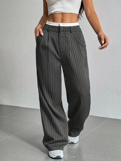 Fashion Pants Women's Stripe Straight Pants 2024 Autumn Winter High Waisted Casual Suit Pants Office Lady Women Trousers Bottoms