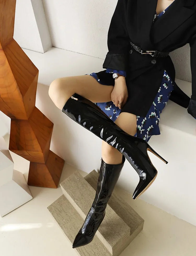 Winter Short Plush Long Boots For Ladies Black Pointed Toe Knee-High Boots Large Size Shoes Fashion Women Career High Heels 46