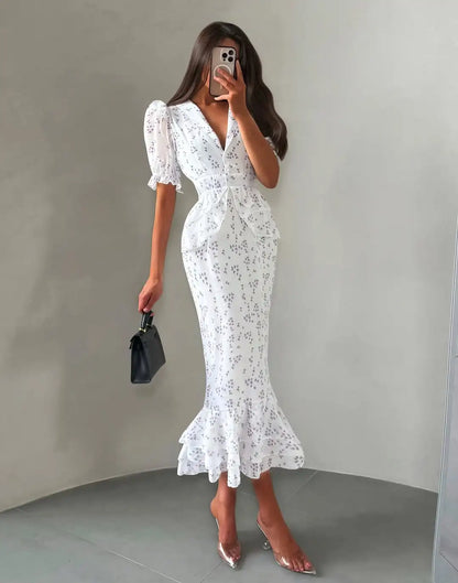 Printed V-neck Waist Cinched Pleated Dress Lapel Short Sleeve High Waisted Maxi Dresses Elegant Women's Summer New Vestidos