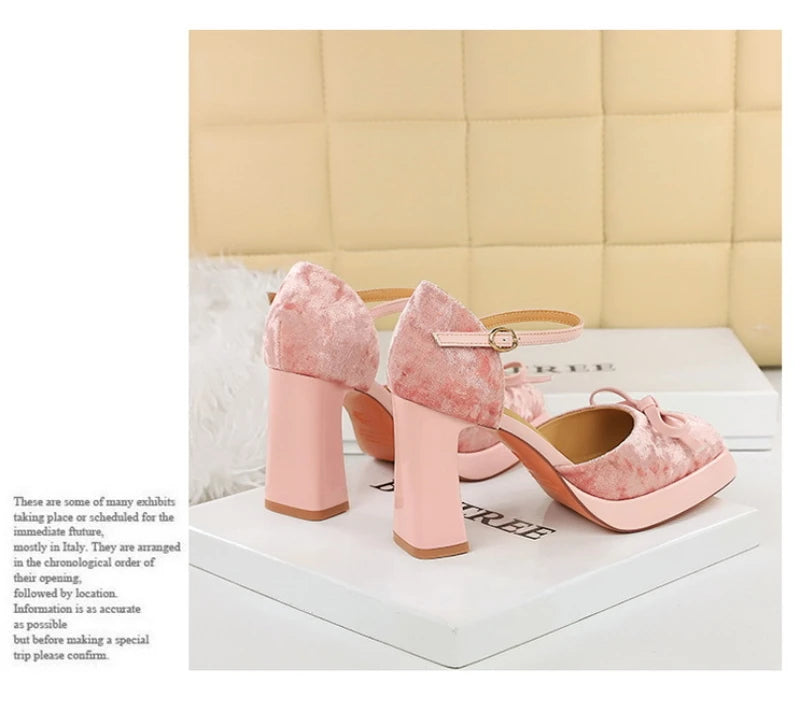 Velvet Platform Ankle Strap High Heels With Bow Block Heel Party Prom Evening Formal Comfortable Thick Heel Closed Toe Sandals