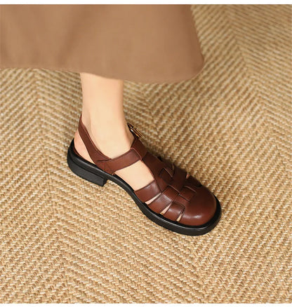 2023 Women Sandals Retro Genuine Leather Luxury Roman Sandals Casual Buckle Strap Summer Shoes GLADIATOR Thick Heel Women Shoes