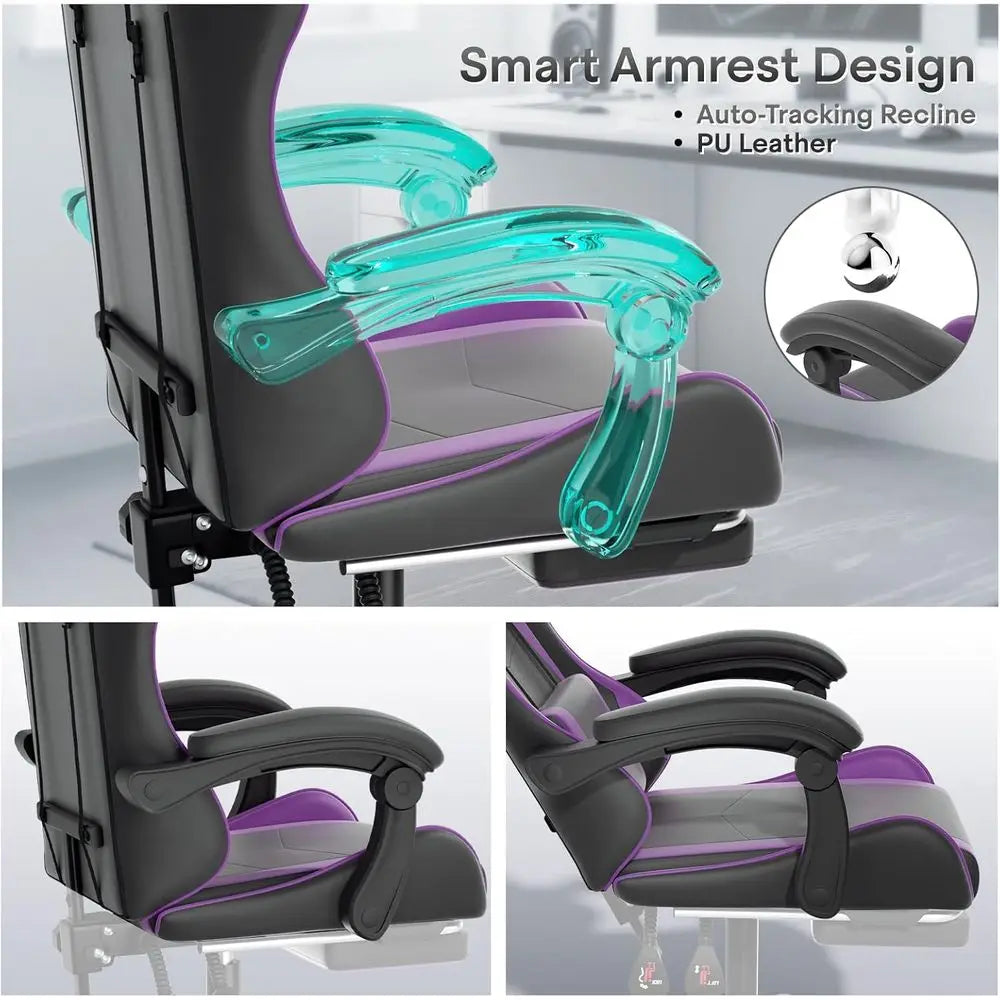 Purple Ergonomic Gaming Chair with Adjustable Height, Footrest, Headrest, and Lumbar Support for Kids and Adults