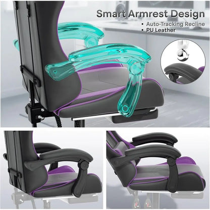 Purple Ergonomic Gaming Chair with Adjustable Height, Footrest, Headrest, and Lumbar Support for Kids and Adults